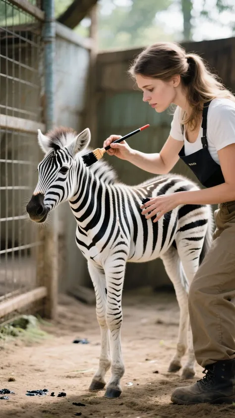 A realistic, cinematic image, full of detail and perfect lighting, of an animal caretaker. A beautiful woman is in a zebra enclo...