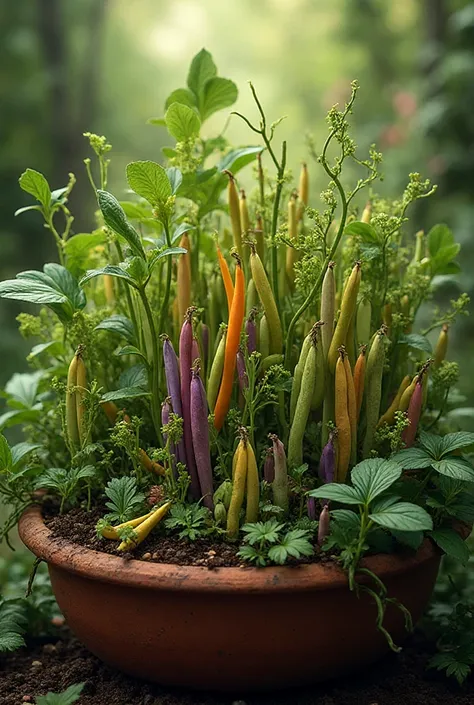 A natural pan with different types of bean plants in the pan. The brightness and beauty of the work make it stand out. .