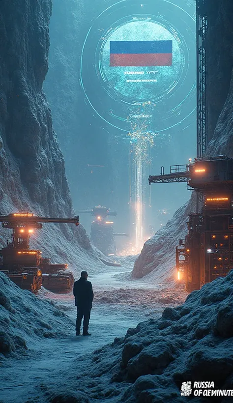 A dramatic high-tech industrial scene: massive rare-earth mining machines working deep in Russia’s frozen tundra, glowing minera...