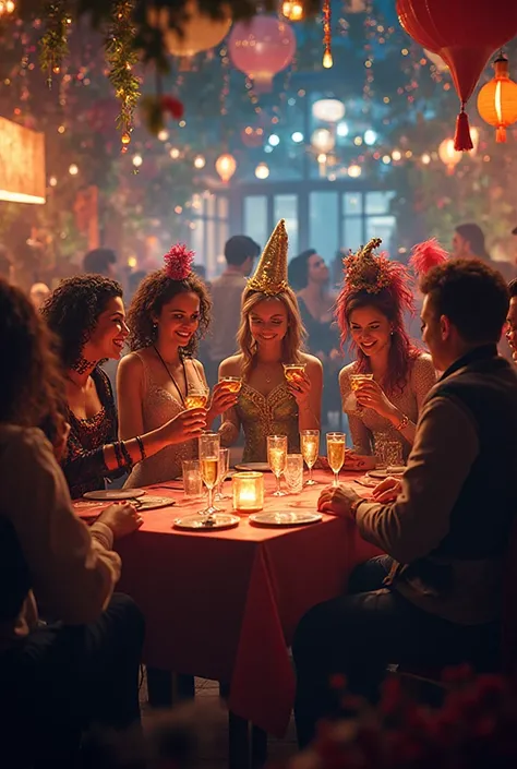 People at the restaurant at the New Year costume party are drinking champagne and playing Quiz