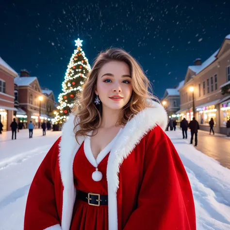 A gorgeous winter night in the city, illuminated by soft neon lights. A stylish young woman stands beneath a blanket of falling ...