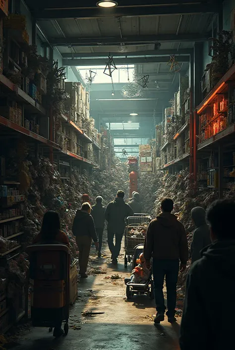 Fire exit door blocked by trolleys full of stock. Nearby aisles are narrow with leaning racks and hanging wind chimes. Customers...