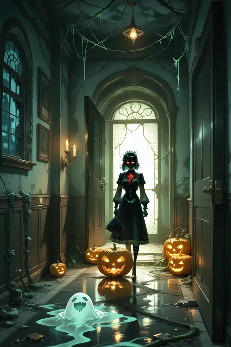 высочайшее качество, mastery, detailed, , a translucent ghost with blurred outlines stands in the slanting doorway of an abandon...