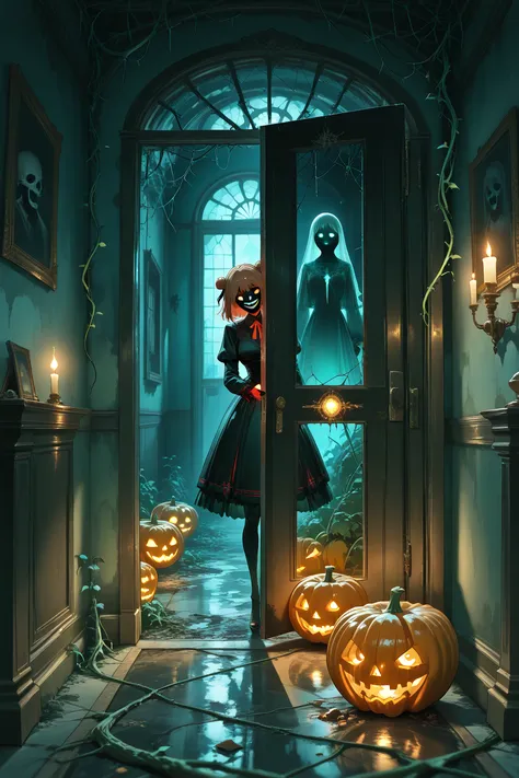 высочайшее качество, mastery, detailed, , a translucent ghost with blurred outlines stands in the slanting doorway of an abandon...