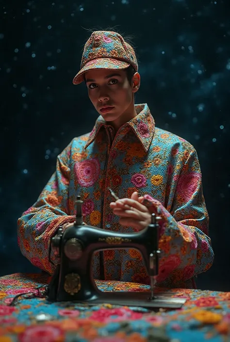 It generates an image of a man dressed as a woman from the 1990's who is embroidering with a pedal sewing machine and who is in ...