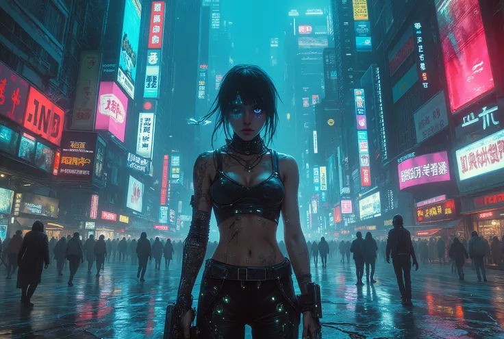 In a sprawling neon-lit metropolis soaked by relentless rain, a lone woman stands beneath the flickering glow of holographic sig...