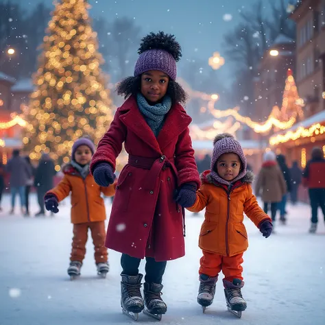 A magical winter portrait of a stylish black girl with children while skating at the city's New Year's skating rink. An elegant ...