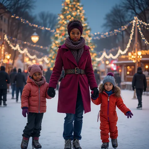 A magical winter portrait of a stylish black girl with children while skating at the city's New Year's skating rink. An elegant ...