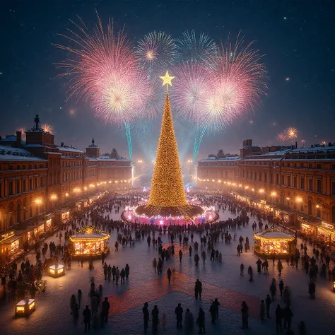 A magical New Year's Eve in a snowy city overlooking the main square and festive fireworks. Panoramic view of the historic city ...