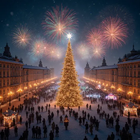 A magical New Year's Eve in a snowy city overlooking the main square and festive fireworks. Panoramic view of the historic city ...