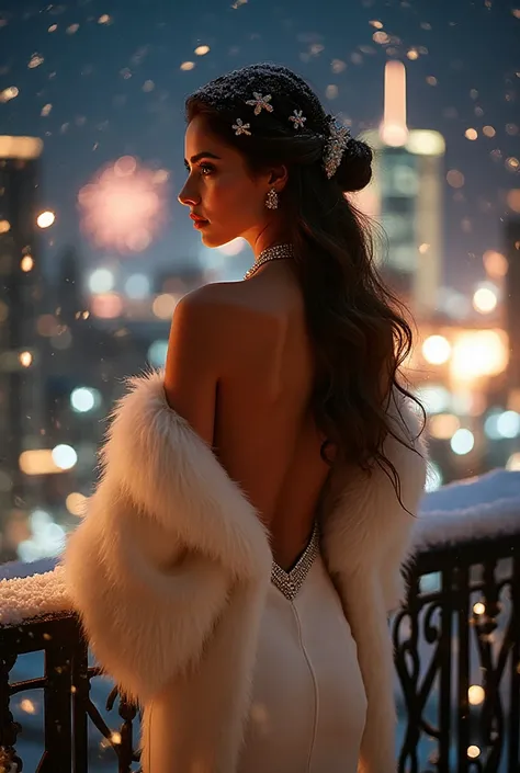 atmospheric New Year's photo: an incredibly beautiful girl with a model appearance on the snowy restaurant terrace on New Year's...