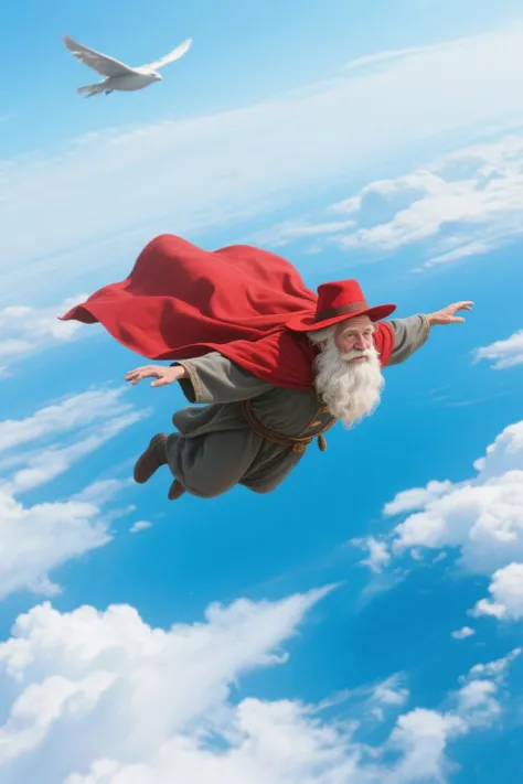 Bearded uncle,I'm wearing a red hat,Flying in the sky in a cloak
