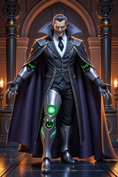 The evil chancellor wheels and his mysterious regal cliak flares out revealing evil metallic silver and green robotics with neon...