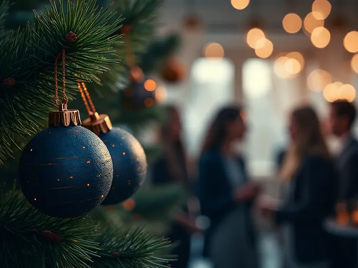 Corporate event invitation with holiday elements, featuring a photorealistic pine branch with deep green needles on the left sid...