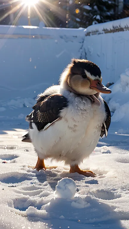 Duck slips on ice while throwing a snowball; his feet spin cartoon-style.
He tumbles into a huge snow mound — “Puff!” only his b...