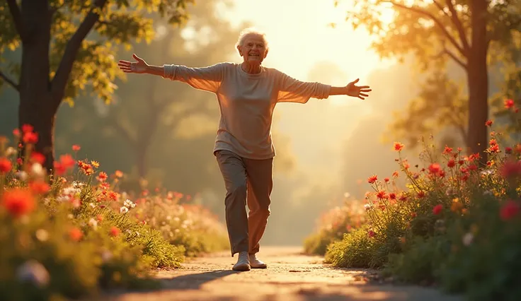 "An older adult practicing balance exercises on one leg in a peaceful garden, arms extended for stability, surrounded by flowers...