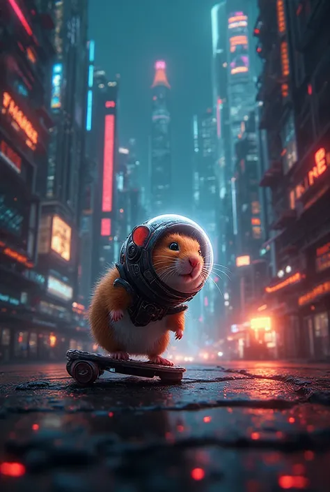 A tiny hamster wearing a futuristic helmet explores a glowing cyberpunk city built for humans — huge skyscrapers, flying cars, n...