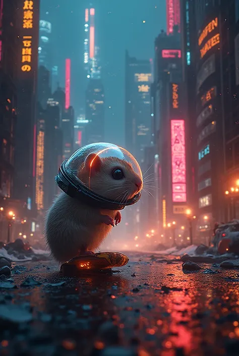 A tiny hamster wearing a futuristic helmet explores a glowing cyberpunk city built for humans — huge skyscrapers, flying cars, n...