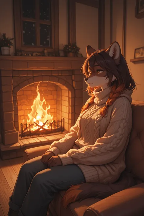 female characters for blog information, Oversized Cable Knit, Fireplace Fire , Warm amber light, furry texture, Winter Night, co...