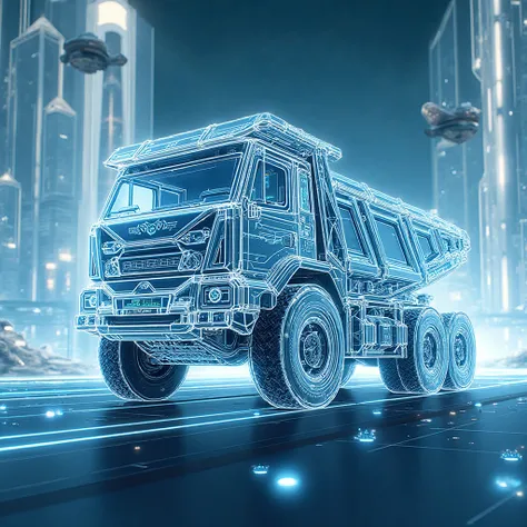 Wireframe model of a dump truck in a futuristic setting.