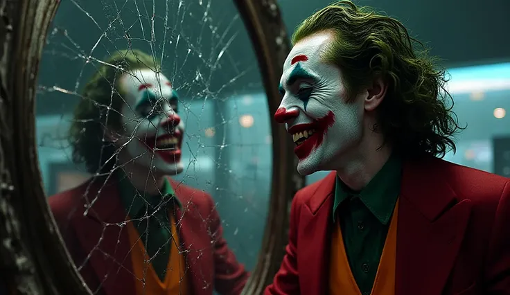 The Joker laughing at himself in a cracked mirror, blood-red lipstick smeared perfectly, reflections showing different emotions ...
