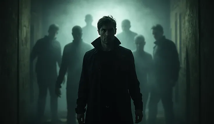 A few translucent figures behind or around the detective.

These are his own fears,  doubts , past mistakes.

Maybe in positions...