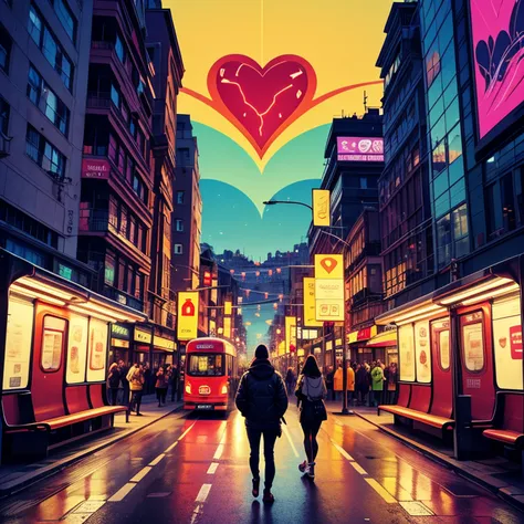 A big heart illustrated composed of iconic buildings in Bogotá, combined with elements of urban furniture combined with elements...