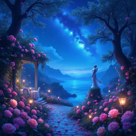 Highest quality, masterpiece, detailed — a fantasy forest of flowers enveloped in mystical blue light, filled with countless viv...