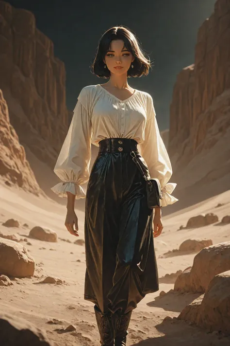 Film noir cinematic still, 1930s archaeological dig in the desert at dusk. A captivating Hispanic woman in her 40s with sharp sh...