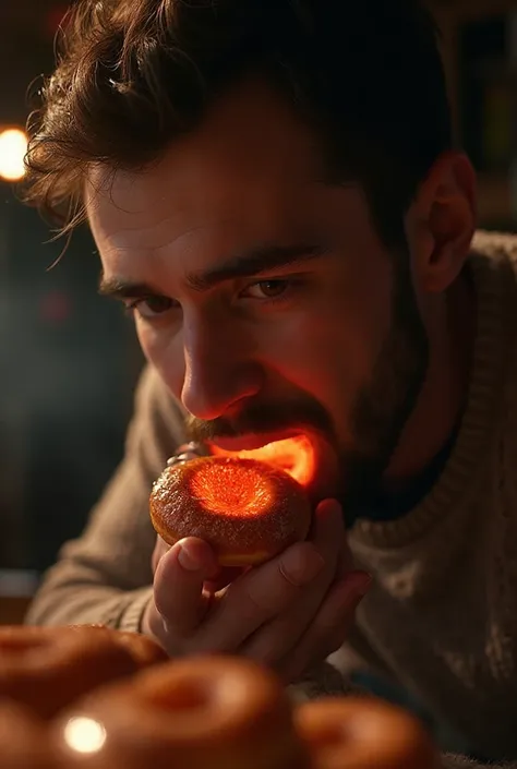 A man doing asmr eating lava donuts 
