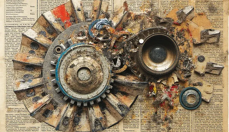 Dada Collage Style — “Mechanical Absurdity”
Surreal collage of old newspapers, gears, eyes, and torn letters, chaotic yet rhythm...