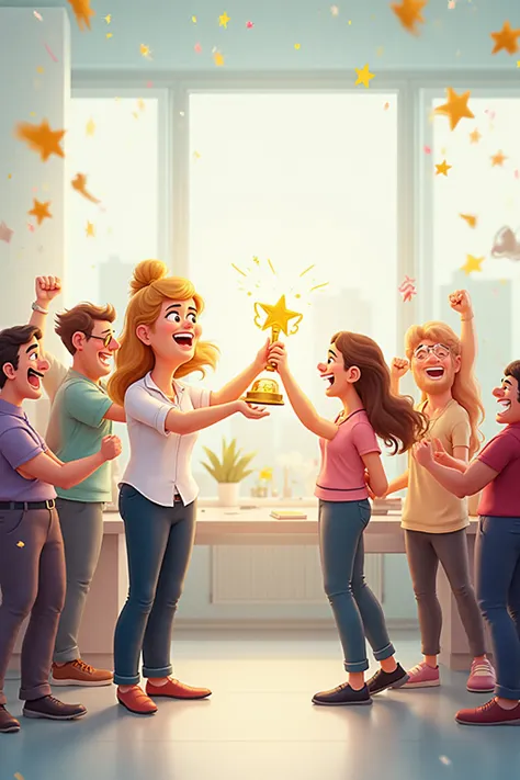 Cartoon manager smiling and handing a golden star or trophy to an employee. Team celebrating slightly exaggeratedly, cheerful an...