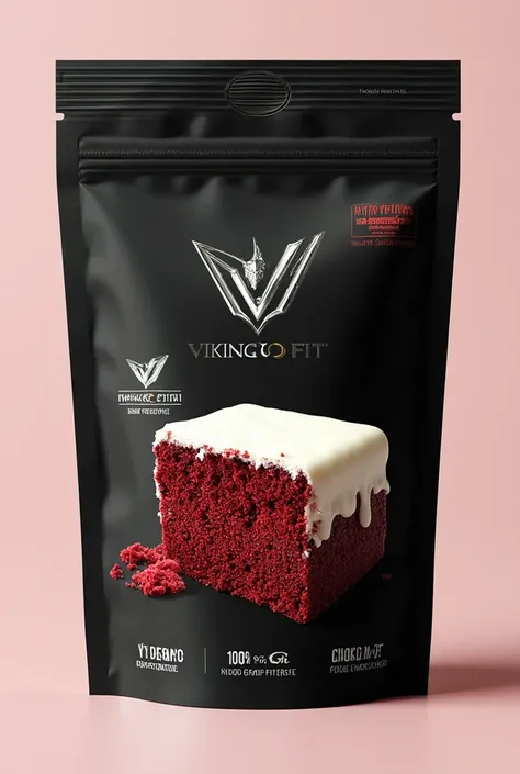*“Create a premium black matte packaging bag design for Vikingos Fit. Feature a perfectly square Red Velvet brownie that is 100%...