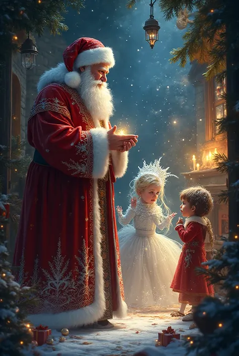 Santa Claus and the Snow Maiden came to the child's home and brought gifts. home cozy atmosphere, Santa Claus has a nice long fa...