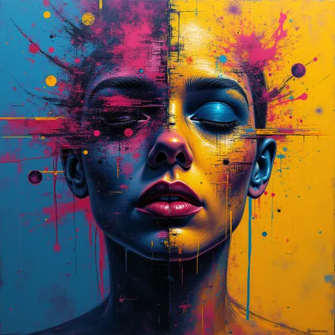 Square abstract art. 
A vibrant, colorful expression of emotional conflict and self-hate. 
Glitch effects, distortion lines, cor...