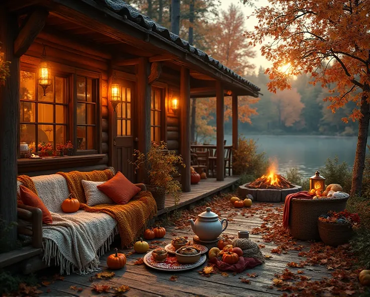 An ultra-realistic rustic autumn cabin exterior, glowing with warm golden-orange light from lanterns, and a flickering outdoor...