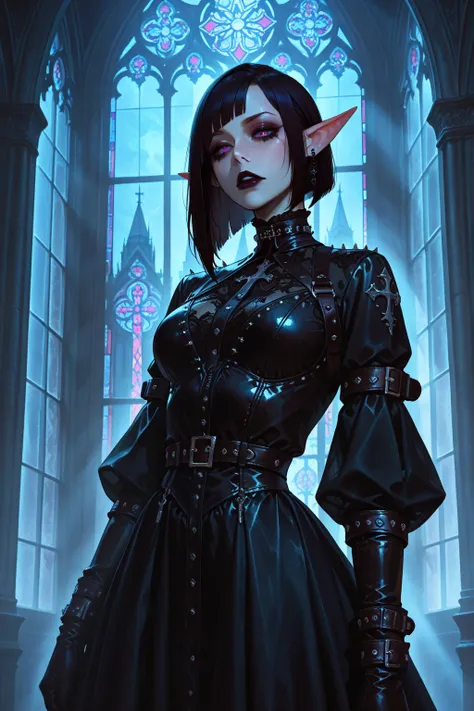 better quality, gothic elf, velvet dress with studs, (dark makeup:1.4), asymmetrical bob, purple-black hair,  leather armbands ,...