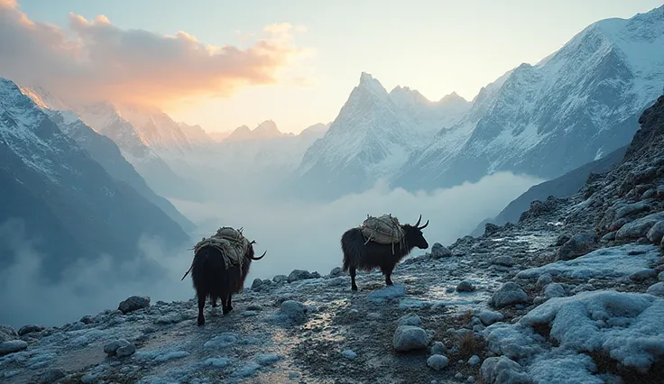 Ultra-realistic 16:9 cinematic thumbnail of the Himalayas, inspired by the theme “O Himalaia está em colapso - Manaslu: um paraí...