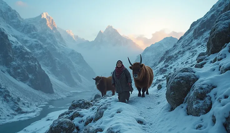 Ultra-realistic 16:9 cinematic thumbnail of the Himalayas, inspired by the theme “O Himalaia está em colapso - Manaslu: um paraí...