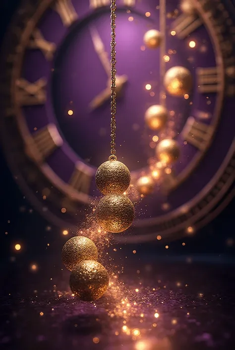 In this vivid and fantastical image, , The dynamic landscape unfolds featuring a set of gold pendulum balls swinging gracefully ...