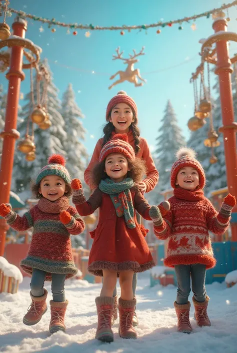 Creat a video with 3 children’s and a young women singing jingle bell song with play ground behind them and also a moving rain d...