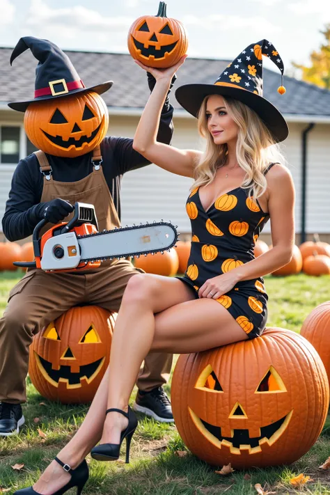 slim and fit woman in her 30s, has a pumpkin instead of a butt, wearing a short dress with pumpkins, holding high a pumpkin in h...