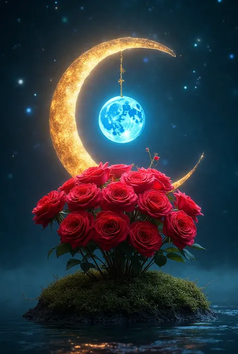 A magical scene unfolds with a cluster of vibrant red roses that bloom dramatically from a small, covered in moss surrounded by ...