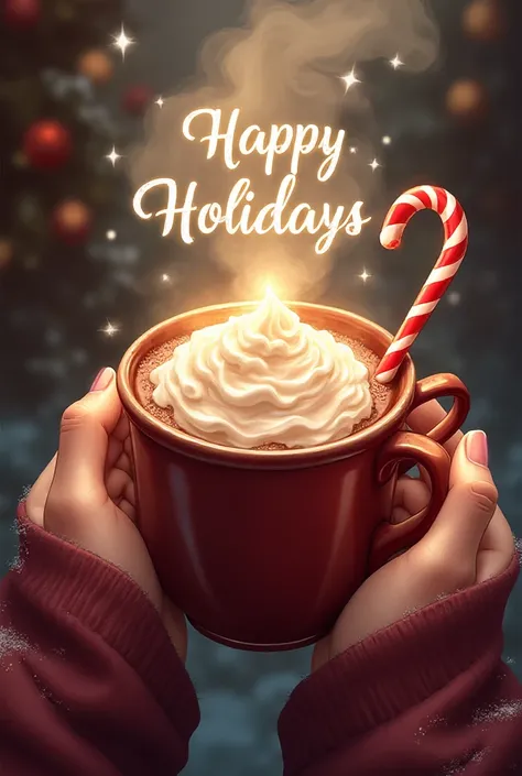 Warm cup of hot cocoa with whipped cream and candy cane, “Happy Holidays” written in steam, cozy winter vector.