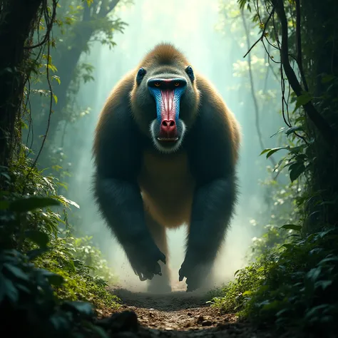 wild big mandrill running in slow motion towards the front in jungle