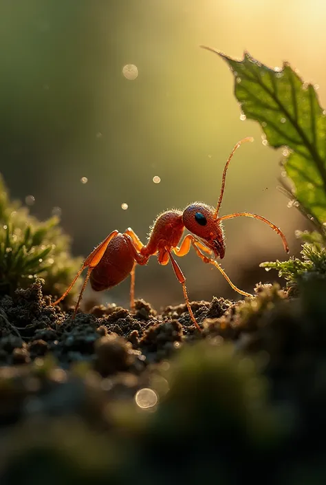 Ultra‑photoreal macro nature thriller at ground level. Dawn light shafts through moss and leaf litter; dew beads act like tiny l...