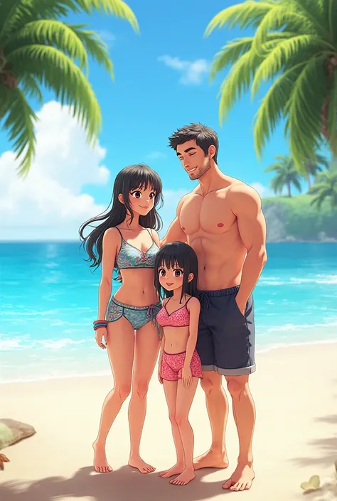 I want an image of a family of 3 , mother , dad and teenage daughter in anime and 3D on the beach wearing a swimsuit, That there...