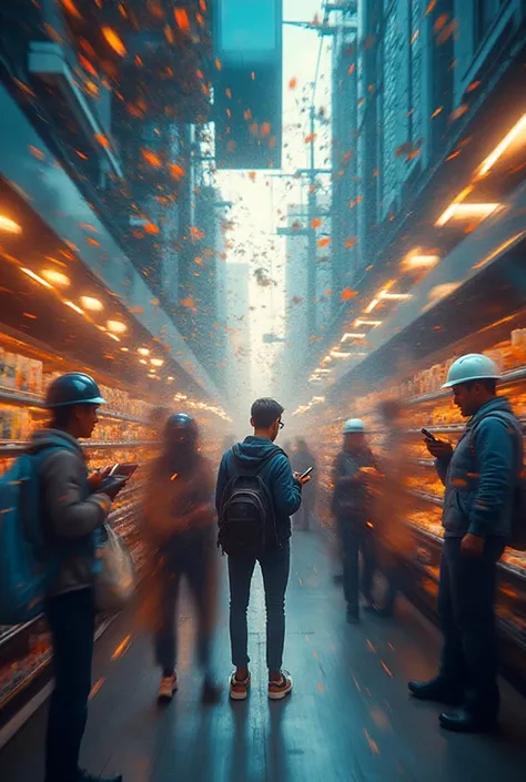 "A dynamic visual representation of changing consumer behavior — diverse people scrolling on smartphones, browsing stores, tasti...