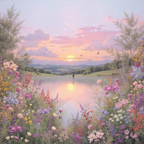 Reinvented in this way. Colorful nature, colorful flowers, beautiful colors, the master is falling, distant birds are flying ver...