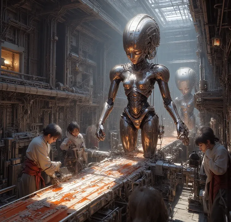 Japanese anime。 factory。On a belt conveyor、female robot being assembled by female workers are flowing。The parts of the。Realistic...